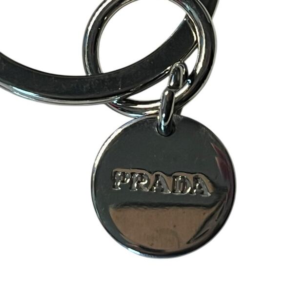 Prada Metal Keychain Key Ring Bag Charm Silver Engraved Logo Vintage - Picture 2 of 6
